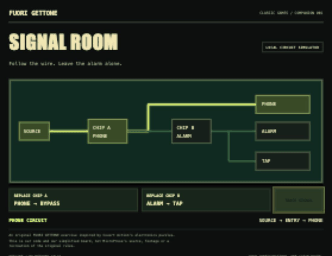 Our Signal Room companion simulator: phone route, alarm, then a clean tap